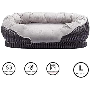 Pet Deluxe Dog and Puppy Bed, Grooved Orthopedic Foam Beds with Removable Washable Cover, Ultra Comfort, Padded Rim Cushion, Nonslip Bottom, for Dogs / Puppies - Grey 38'' x 30''