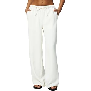 QINSEN Women's Wrinkle-Free Wide Leg Palazzo Pants High Rise Flowy Drape Drawstring Elastic Waist Trousers with Pockets