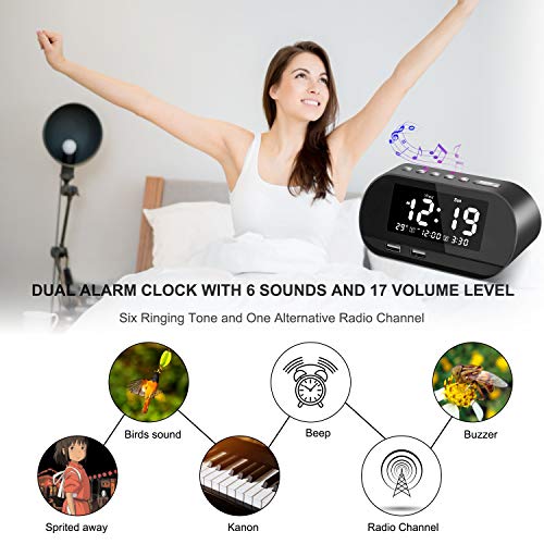 VEGKEY Digital Alarm Clock Radio, Small Alarm Clock with FM Radio, 6 Brightness, Dual USB Charging Ports, Temperature Display, Snooze, Dual Alarms with 6 Alarm Sounds for Bedrooms, Bedside, Desk
