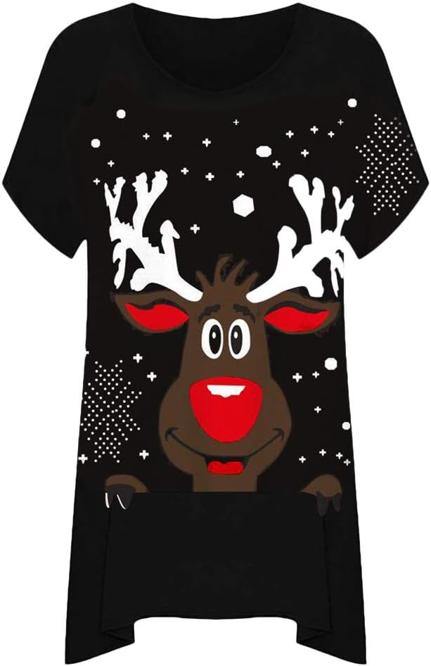 temorry Women's Plus Short Sleeve Reindeer Snowflake Hanky Hem Long Top Ladies T-Shirt Women Short Sleeve Christmas Print Cute T-Shirt Tops Blouse Oversize Black