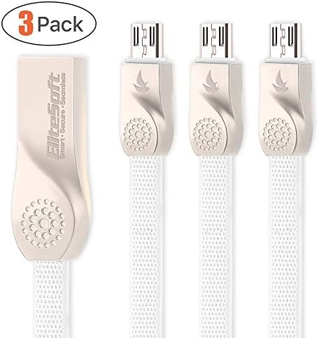 Micro USB Charger Cable, Elitesoft 3 Pack 4FT Zinc Alloy Flat Charging and Syncing Cord for Samsung Galaxy HTC Nexus LG Motorola Sony Nokia, USB 2.0 A Male to Micro B Cable for Quick Charge