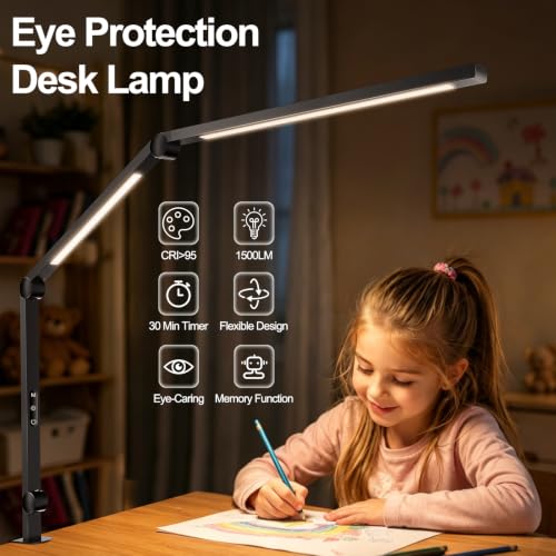 Lampara de Escritorio LED con Pinza, Doble Fuente de Luz 1500LM CRI>95, Lámpara de Mesa con Brazo Ajustable 7 Articulaciones, 4 CCT y 5 Brillos, Luz para Monitor y Home Office