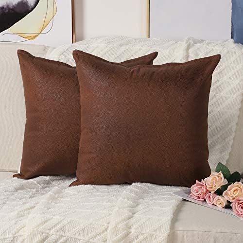 Mandioo Set of 2 Faux Leather Modern Square Throw Pillow Covers Cushion Cases Decorative for Couch Sofa Home Living Room 18 x 18 Inches Brown