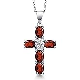 Gem Stone King 925 Sterling Silver Red Garnet and Lab Grown Diamond Cross Pendant Necklace for Women | 3.25 Cttw | Gemstone January Birthstone | Oval 6X4MM | With 18 Inch Chain