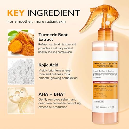 Body Keratin Care Kojic Acid Turmeric Spray Gently Exfoliating Peeling Solution Skincare with Retinol, Glutathione, Niacinamide, Vitamin B, C, E for All Skin Types 200ml