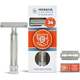 MERKUR 34 Double Edge Safety Razor - Matte Chrome | Heavy Duty Knurled Brass Handle | Made in Germany | Plastic-Free | Two Piece Design | Closed Comb | Straight Bar