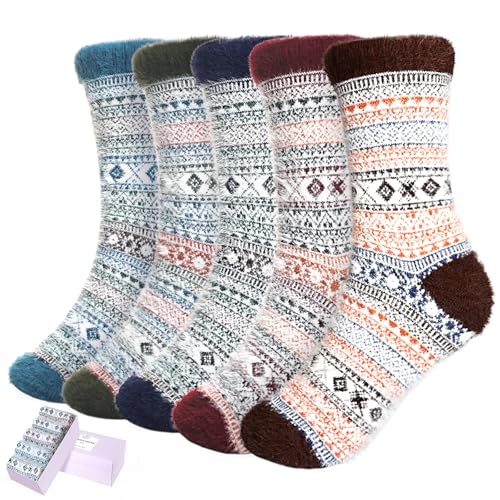SISOSOCK 5 Pairs Fuzzy Soft Cozy Fluffy Socks for Women, Casual Thick Plush Comfy Sleep Socks, Warm Winter Gifts for Women
