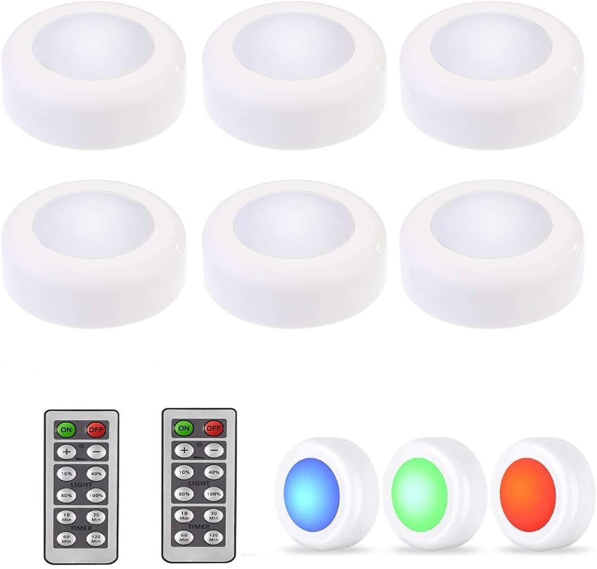 Wireless Under Cabinet Lighting,Color Changing LED Puck Light with 2 Remote Control, Battery Powered Lights, Under Counter Lighting， 6 Pack