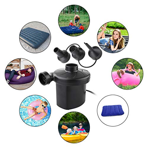 Deyace Electric Air Pump, Air Mattress Pump for Inflatable Blow up Pool Raft Bed Boat Toy Exercise Ball, Quick-Fill AC Inflator Deflator with 3 Nozzles, 110-120 Volt (Black)