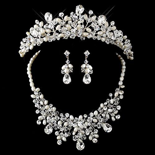 Silver Freshwater Pearl, Swarovski Crystal Bead and Rhinestone Bridal or Formal Tiara Headpiece 9783 & Jewelry Set