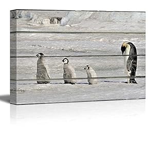 Canvas Wall Art - Three Little Penguins and Their Mother on Vintage Wood Textured Background - Rustic Country Style Modern Giclee Print Gallery Wrap Home Art Ready to Hang - 12" x 18"