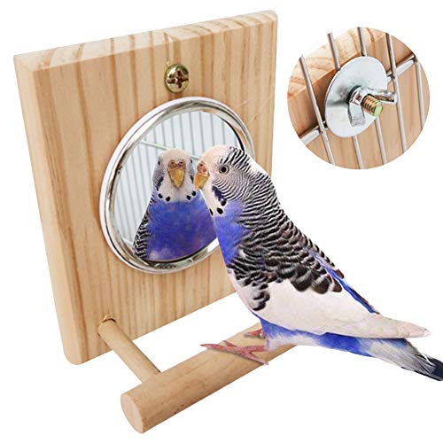 BLSMU Bird Mirror with Wooden Perch,Birdcage Fun Platform Stand Toys