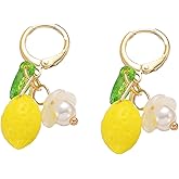 Cute Sweet Resin Yellow Lemon Dangle Earrings Dainty Lemon Fruit Flower Earrings for Women Lady Thanksgiving Birthday Christmas Costume Dress Jewelry Gifts