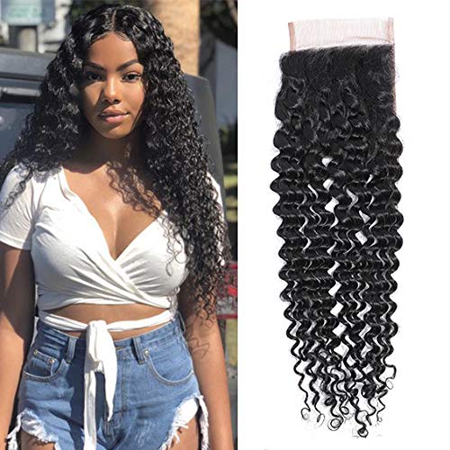 Brazilian Virgin Human Hair Deep Wave Lace Closure 4x4 Free Part 100% Unprocessed Deep Curly Human Hair Lace Closure Natural Black Color ((22Inch Deep Wave 4x4 Closure)