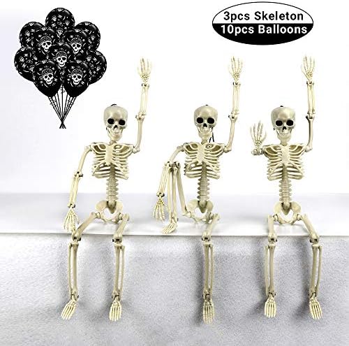 TONGN Posable Halloween Skeleton- 3pcs 19in Full Body Halloween Skeleton with Movable /Posable Joints for Best Halloween Decoration and 10pcs Skeleton Balloons