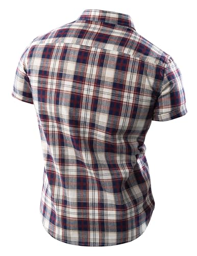 JOGAL MENS WESTERN COWBOY PLAID LINEN SHIRTS CASUAL BUTTON DOWN SHORT SLEEVE LIGHTWEIGHT REGULAR FIT SHIRTS RED MEDIUM