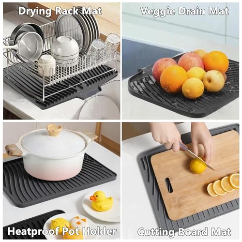 Premium Silicone Dish Drainer with Inclined Design - Non-Slip, Heat Resistant (446°F), Quick Drying Dish Drainer for Kitchen Countertop, Sink (Grey, 37*29.5cm)