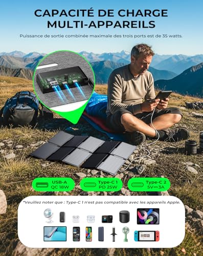 BigBlue Portable Solar Charger 35W with Fast Charging USB-A and PD 25W USB-C for Camping and Hiking, 0.7kg, IP68 Waterproof, Foldable Solar Charger for iPhone/Android, iPad, Powerbank