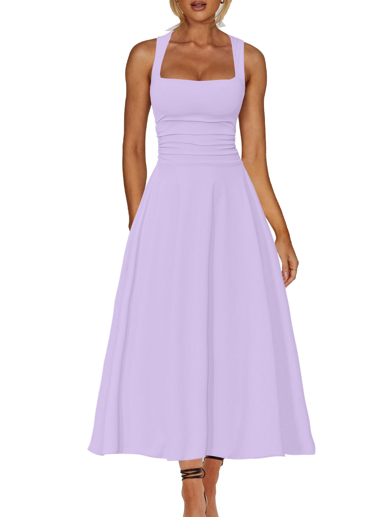 Photo 1 of Kaximil Women's Square Neck Corset A Line Maxi Dress Ruffle Ruched Waist Flowy Long Dresses, Large, Purple