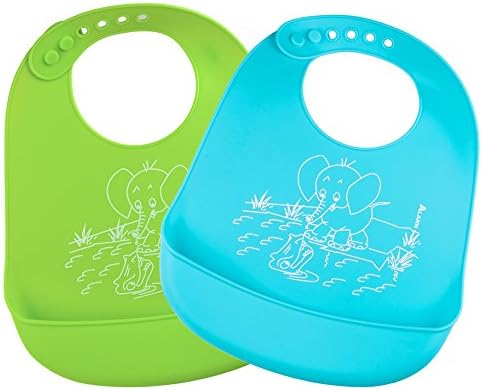 iManson Waterproof Silicone Baby Bib,Set of 2 Colors (Green / Blue)
