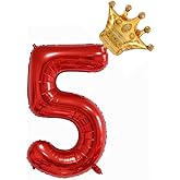 40 inch Red Crown Number 5 Balloon ,Giant Large Aluminum Film Number 5 Balloon , 5th Birthday Decoration Balloons ,Children's Birthday Party Baby Shower Decoration Supplies (red 5)