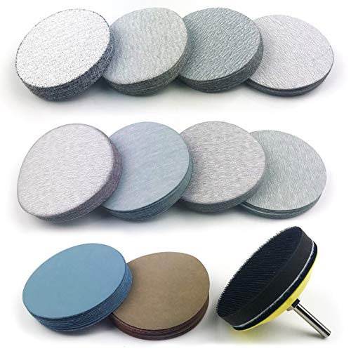 3 Inch Assorted Grits White Dry & Waterproof(Wet/Dry) Hook & Loop Sanding Discs with 1/4 inch Shank Sanding Pad + Soft Foam-Backed Interface Buffer Pad, Total 100 Discs
