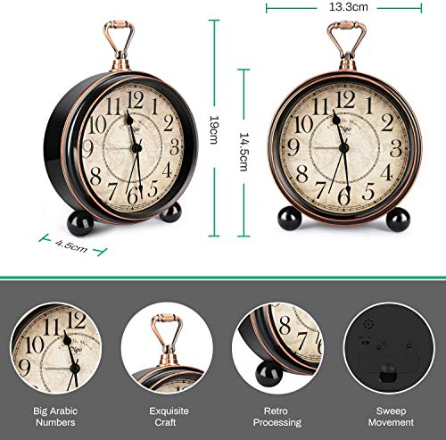INTSUN Classic Retro Alarm Clock, Bed Alarm Clock Battery Operated Desk Clock Metal Silent Alarm Clock for Bedrooms, Non Ticking (Black, Battery Excluded) - Thumbnail 3