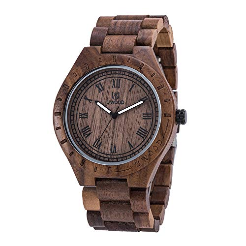 Tayhot Men's Wood Watch,Male Analog Quartz Natural Handmade Lightweight Wooden Large Face Round Dial Mens Walnut Wrist Watch with Wood Band