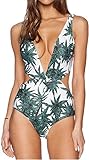 Kashani Women's Sexy Leaf Print Deep V-Neck One Piece Bikini Swimsuit Swimwear