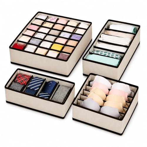 Kit Organizador de Gaveta 4 Peças, TNT Dobrável, com 24, 8, 7 e 6 Divisórias para Roupas Íntimas, Meias e Sutiã (Bege)