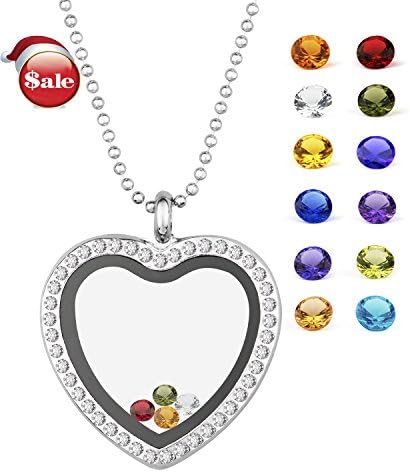 EBOETA Heart Glass Locket Pendant Necklace Memory Floating Charm with Crystal Quartz, 12 Birthstone