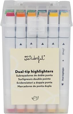 Mr Wonderful - Conjunto de 24 marcadores coloridos com extremidades duplas - Ponta fina para escrever e Dica mais grossa para realçar textos - Caixa transparente