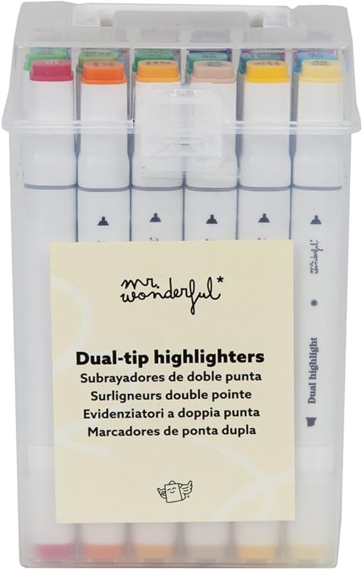Mr Wonderful - Lot de 24 marqueurs de couleur à double pointe - Pointe fine pour écrire et pointe plus épaisse pour surligner le texte - Étui transparent