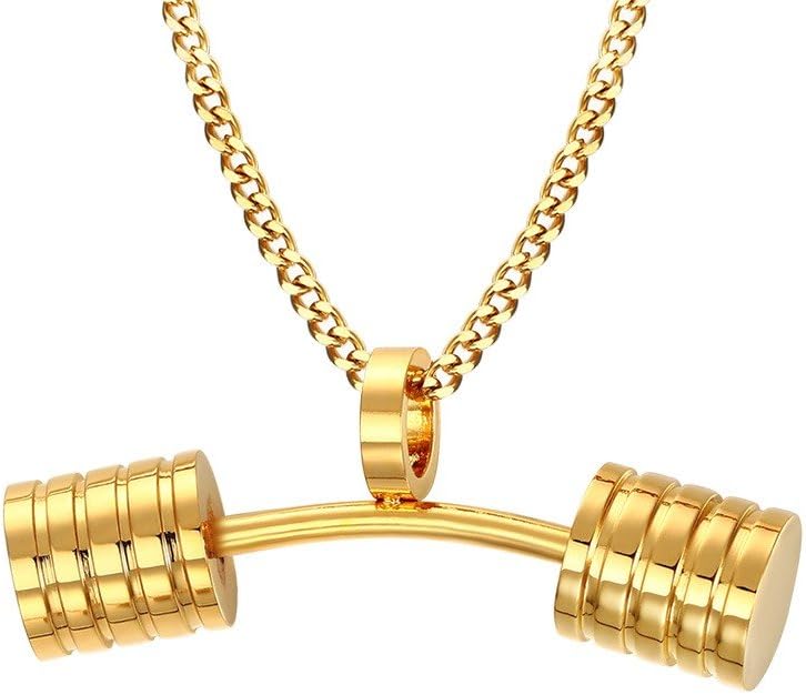 Joielavie Jewellery Barbell Dumbbell Fitness Bodybuilding Sport Pendant Necklace Stainless Steel Charm Jewellery Gift for Men Women Color Black Gold