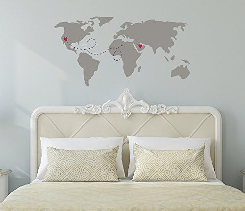 World map with hearts and dotted line Vinyl lettering