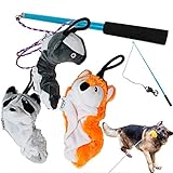 Jalousie Dog Flirt Pole with Three Squeaky Toys Plush Toys Dog Teaser Wand Chase it Dog Toy with Refills (Dog Flirt Pole w/Three Toys) - Upgraded Rope