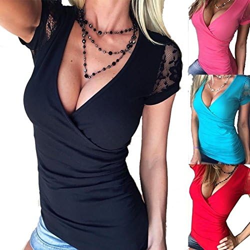 moahhally Sexy Women Fashion Cleavage Deep Plunge V-Neck Basic Stretch Ruched Lace Sleeve Wrap Top T-shirt