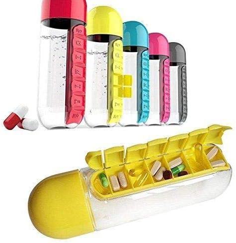Pithadai Group Plastic Pill Organizer Water Bottle with Weekly 7 Compartments (Multicolour, 600 ml)