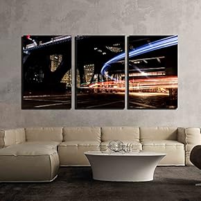 3 Piece Canvas Wall Art - City Traffic Lights at Night - Modern Home Art Stretched and Framed Ready to Hang - 16"x24"x3 Panels