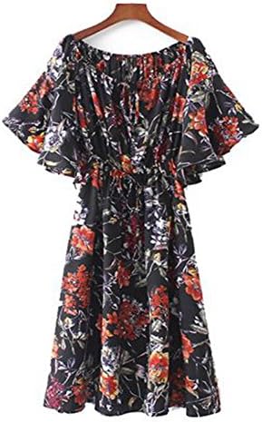 Lin Ya Tou Women Sexy Slash Neck Floral Off Shoulder Elastic Drawstring Tie Dress As Picture L