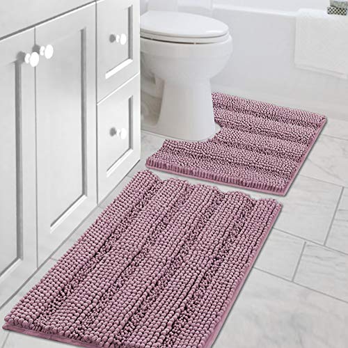 H.VERSAILTEX Bathroom Rugs Bath Rug Set 2 Piece Bathroom Contour Rug Toilet Mat Sets Non Slip Contour Bath Rug Ultra Thick Water Absorbent Striped Bath Mats(20" x 32" Plus 20" x 20" U, Mauve/Rose)