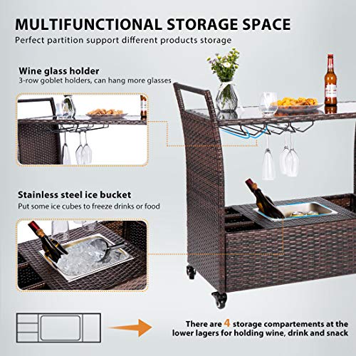 VIVOHOME Outdoor Rolling Wicker Bar Cart with Ice Bucket and Storage