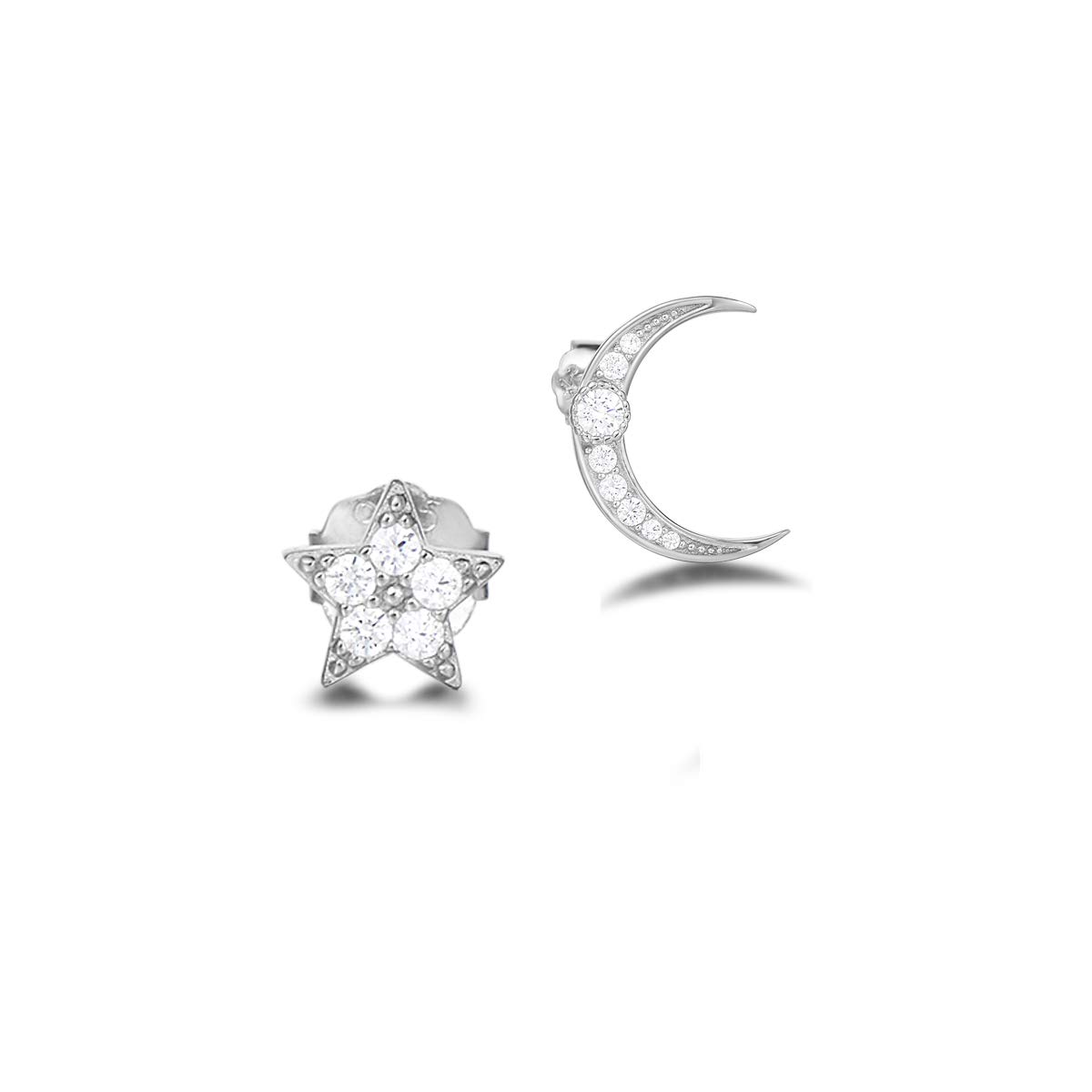 AGVANA Moon and Star Earrings Sterling Silver 925 White Gold Plated Dainty Small Dismatched Asymmetric Studs for Women Girls, with Nice Jewellery Gift Box