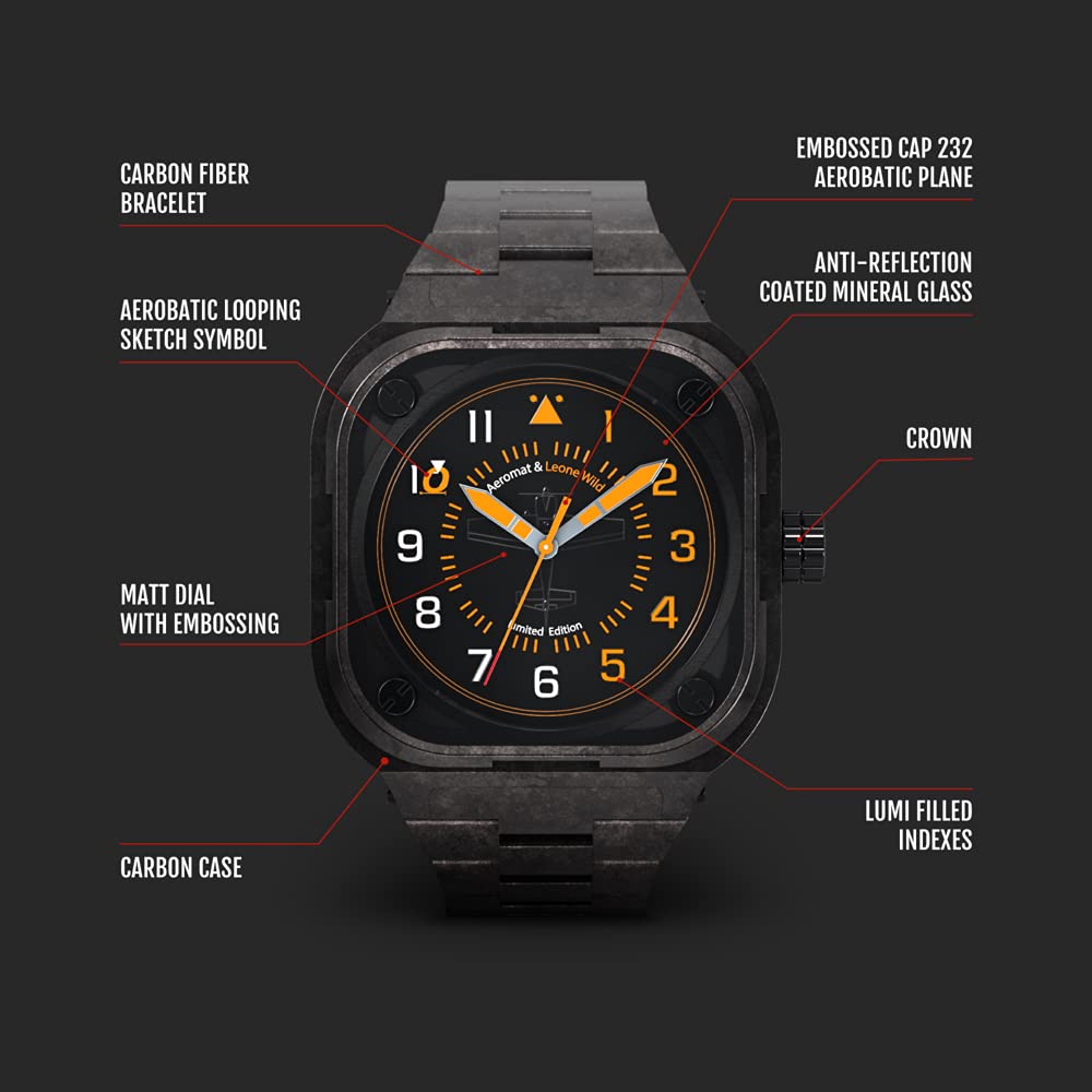 AEROMAT AEM450 Pilot Watch for Men – Analog Aviator Watch 100M Water Resistant with Luminous Indexes and Hour and Minute Hands – Men’s Square Case Aviation Watch Carbon Fiber Bracelet