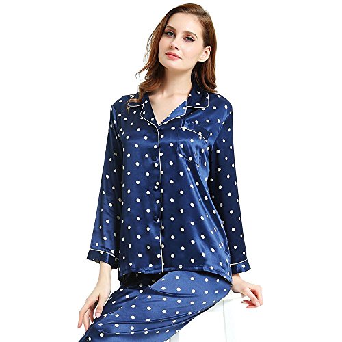Womens silk satin pajamas set sleepwear loungewear blue…