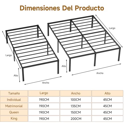 SAOFILY Base Cama Individual, Hierro Metálico, 45 cm de Alto con Espacio de Guardado Debajo para Sus Estructuras, Fácil de Montar y Gran Capacidad de Carga (100x190 CM / 39.37x74.8 Pulgadas)