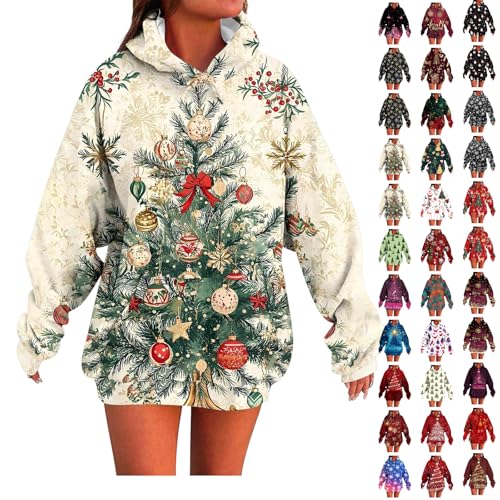 Ladies Christmas Jumpers Christmas Hoodies For Women Festive Holiday Pattern Print - Cozy Oversized Hooded Sweatshirt with Pocket, Soft Long Sleeve Jumper Women's