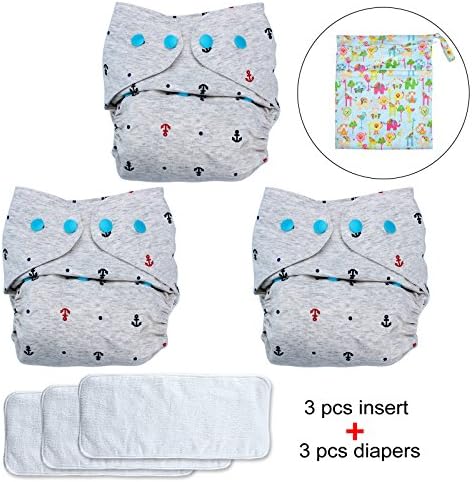 HappyCell Reusable Baby Pocket Diaper PURE COTTON Cloth Diapers and Bamboo Fiber Insert (3 Nappies+3 Inserts+1 Wet Bag) All-in-One Washable Adjustable Universal Size (purediaperA)
