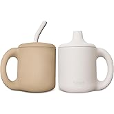 KIDSco. Silicone Sippy Cups (2 Pack) – Soft Spout/Straw & Open Training Cups for Babies 6+ Months | Easy Grip Handles, Unbreakable BPA-Free Silicone, Leak-Resistant, Dishwasher Safe (Oat and Tan)