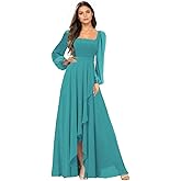 enetly Chiffon Long Sleeve Bridesmaid Dresses for Women Square Neck Long Pleated Formal Evening Party Dress with Slit